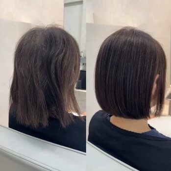 改善事例①のBefore／After写真。左が初回来店時、右が約6か月後の髪の状態